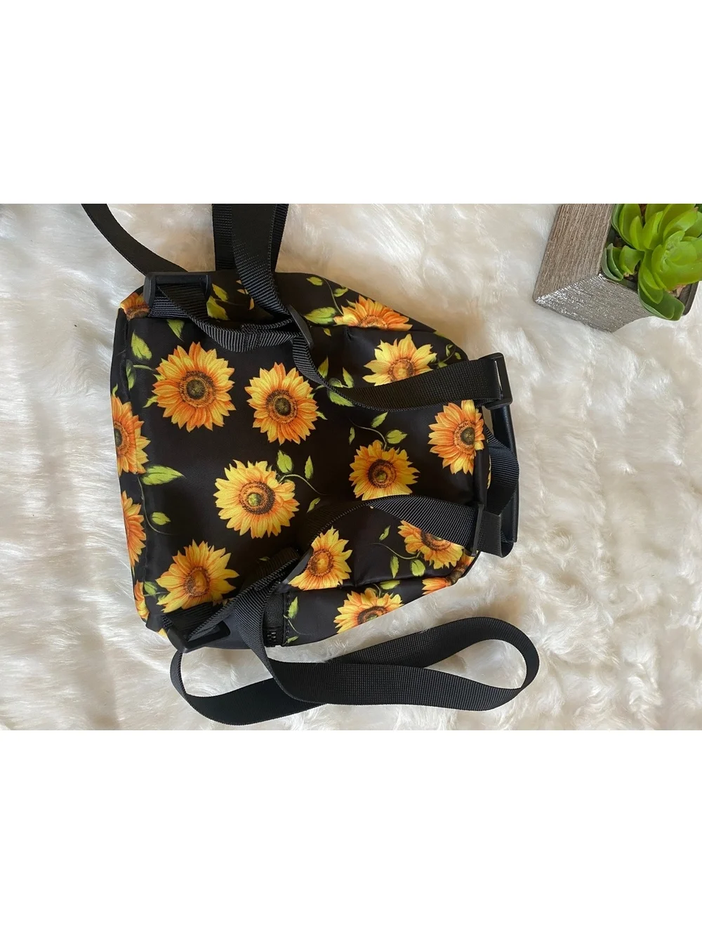 Small Black Backpack with Sunflower Print